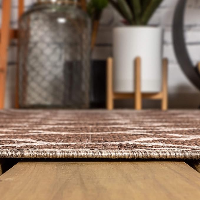 Eyely BMS109B-6SQ Santa Monica Trebol Moroccan Trellis Textured Weave, Pet Friendly, Non-Shedding, Stain Resistant, Easy-Cleaning, Espresso/Taupe, 6' Square, Indoor/Outdoor, Area Rug