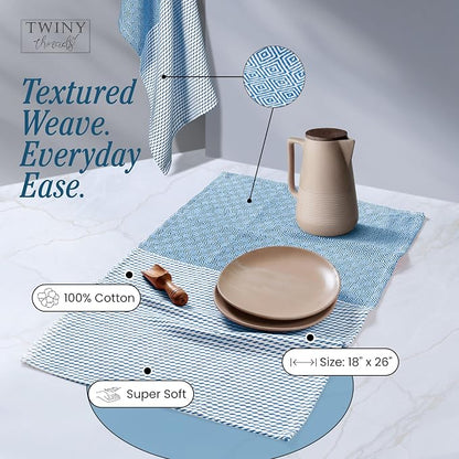 TWINY threads Kitchen Towel Diamond Weave, Premium Large Kitchen Linen Set, 100% Cotton Dish Rag, Absorbent Quick Drying Wash Rags for Drying Dishes, Reusable, Set of 4, 18x26 Inches, Turquiose