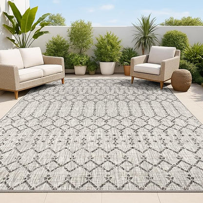 JONATHAN Y Moroccan Geometric Indoor Outdoor Area Rug 9X12 Light Gray/Black, Ourika Textured Weave for Backyard, Patio, Porch, Easy-Cleaning, High Traffic, Pet-Friendly, Non-Shedding (SMB108E-9)