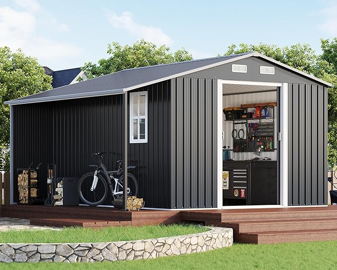 AMERLIFE 10.6x10.3x6.3 FT Galvanized Metal Storage Shed with Open Firewood Bay, Sliding Doors & Ramp, 2 Windows & Vents, Weather-Resistant Outdoor Tool/Garden Shed, Dark Gray