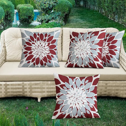 Qahing Pack of 4 Outdoor Waterproof Pillow Covers 16x16 Decorative Outdoor Throw Pillows Garden Square Cushion Cases for Patio Furniture, Couch, Tent Sunbrella, Bench, Burgundy Red Grey