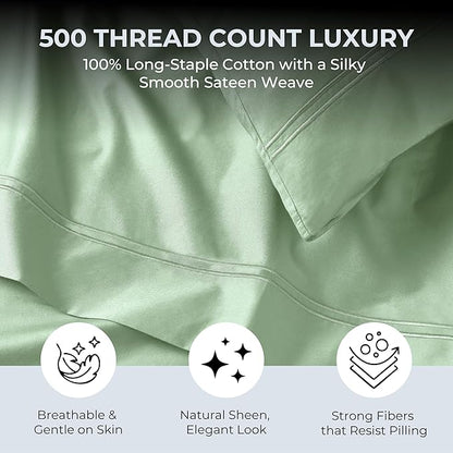 100% Natural Cotton Bed Sheets | 500 TC Single-Ply Sateen Weave Full Size Sheets | Soft, Breathable, Hypoallergenic Solid 4-Piece Bedding with Deep Pocket Fitted, Flat, Pillowcase | Sage