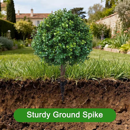 23.6" Artificial Boxwood Topiary Ball Trees, 2 Pack UV Resistant Artificial Plants Outdoor, Boxwood Balls with Ground Spike, Fake Plants for Front Porch Decor, Outdoor, Indoor (Green)