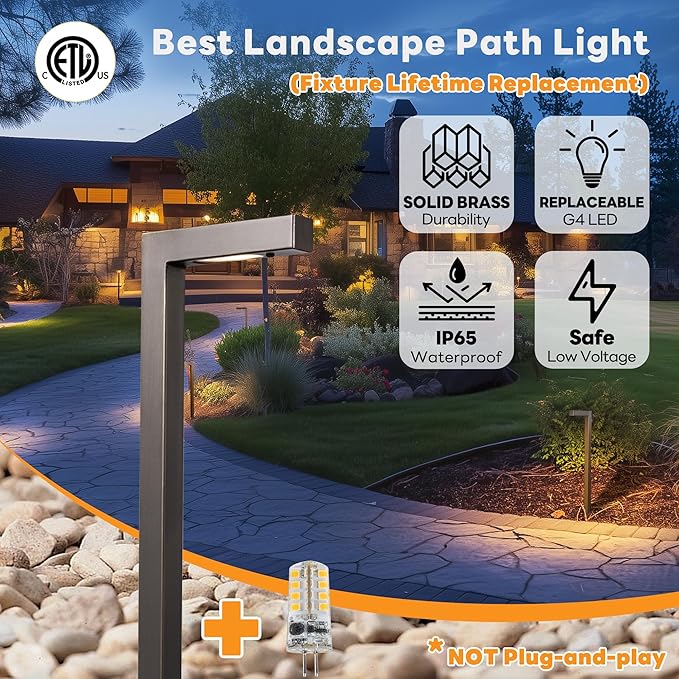 Outdoor Path Lights Brass, LED Landscape Pathway Light, Low Voltage Driveway Lamp Waterproof, L Shape 12V Wired Bronze for Walkway Sidewalk Without G4 Bulb 6 Pack