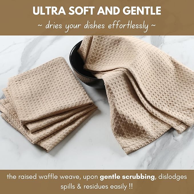 Native Fab 18 Pack Waffle Dish Cloths - 100% Cotton, 12" x 12", Absorbent, Quick Drying, Washable Towels for Cleaning, Cooking, Baking - Great for Home, Restaurants, Bars, Versatile Use - Beige