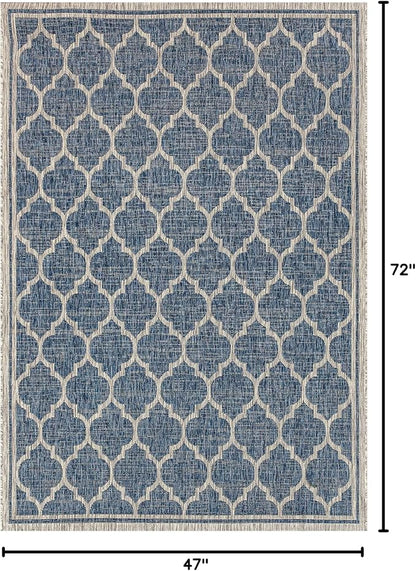 Eyely BMS109D-4 Santa Monica Trebol Moroccan Trellis Textured Weave Indoor/Outdoor Area Rug Coastal;Bohemian, Bedroom, Backyard, Patio, Easy-Cleaning, Non-Shedding, 4 X 6, Navy/Gray