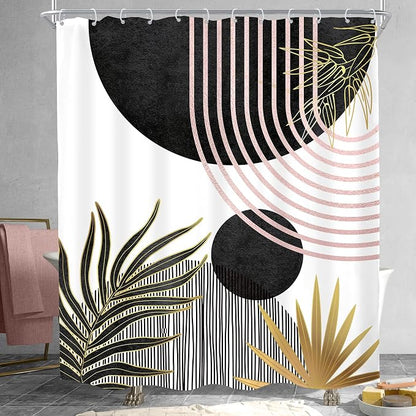 KOMLLEX Mid Century Black Pink Boho Shower Curtain for Bathroom Decor Abstract Modern Sun Minimalist Aesthetic Arch Curve Leaves Geometric Neutral Fabric Waterproof Polyester 12 Pack Hooks 60Wx71L