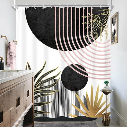 KOMLLEX Mid Century Black Pink Boho Shower Curtain for Bathroom Decor Abstract Modern Sun Minimalist Aesthetic Arch Curve Leaves Geometric Neutral Fabric Waterproof Polyester 12 Pack Hooks 60Wx71L