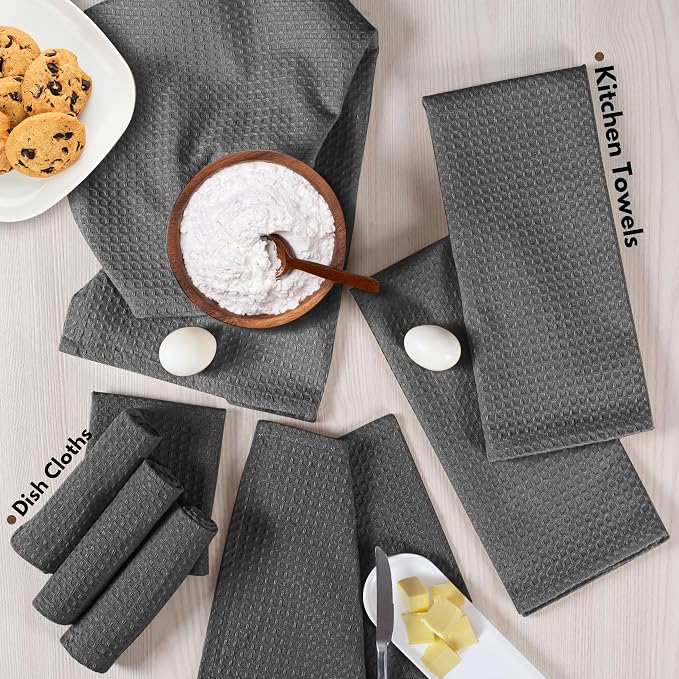 Native Fab Cotton Dish Towel & Dishcloth Set - 8 Piece Pack for Cleaning, Cooking, Baking - Absorbent, Durable, Washable, Quick Drying Towels for Home, Kitchen, BBQ & Everyday Use - Gray