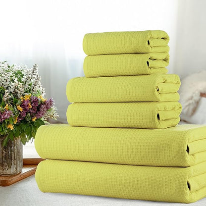 CASA COPENHAGEN Waffle Towel, 6Pieces 100% Cotton Large Towel Set- Lime Green, 2Bath 2Hand 2Washcloths Instant Absorb and Dry, Soft Strong Towels for Hotel Spa Kitchen Bathroom & Shower