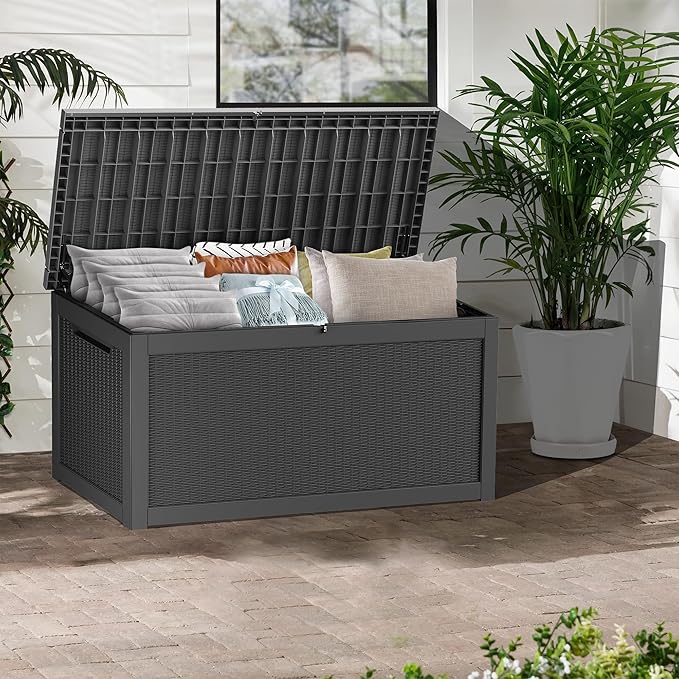320 Gallon Lockable Resin Deck Box, Waterproof & UV-Resistant Outdoor Storage Box for Outdoor Cushion Storage, Garden Tools & Pool Accessories Storage, Black