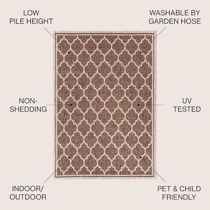 Eyely BMS109B-6 Santa Monica Trebol Moroccan Trellis Textured Weave, Pet Friendly, Non-Shedding, Stain Resistant, Easy-Cleaning, Espresso/Taupe, 6 ft. x 9 ft., Indoor/Outdoor, Area Rug