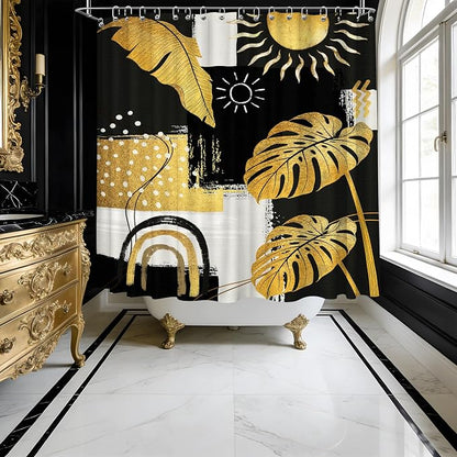 Extra Long Shower Curtain Extra Tall Black and Gold XL Abstract Dark Mens Shower Curtains for Large Bathroom Decor Sets, Waterproof Cloth Fabric with Hooks, 108x72 Inch