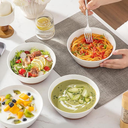 MALACASA Soup Bowls, Ceramic Salad Bowls Set of 4, 35oz Ceramic Bowls for Ramen, Cereal, Fruit and Pho, Microwave & Dishwasher Safe, Speckled Deep Bowls, Vanilla White & Brown