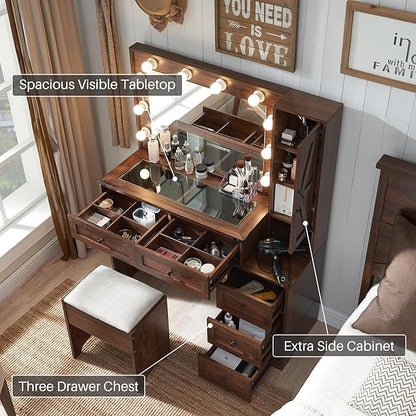JXQTLINGMU Farmhouse Vanity Makeup Desk with Charging Station, 43" W Vanity Desk with Lights Mirror and Drawers for Makeup, Big Modern Makeup Table Set with Stool for Bedroom, Brown