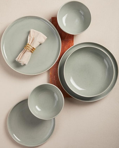 Pokini 32 Piece Dinnerware Set for 8 with Pasta Bowls, Gray Green Reactive Glaze Stoneware | All‑in‑One Host Set for Entertaining, Holiday Meals, Multi‑Course Dish Set | Unique Irregular Look