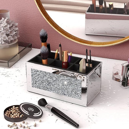 SHYFOY Makeup Brush Holder Organizer with Crushed Diamond 6 Slot Mirrored Make up Cosmetics Organizers and Storage for Vanity Countertop