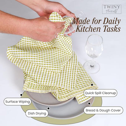TWINY threads Circle Waffle Kitchen Towels 4 Pack, 16"x26", 100% Cotton, Super Absorbent, Durable, Vibrant Dishcloth Set, Great for Summer Decor, Cleaning Spills, Lemon Green