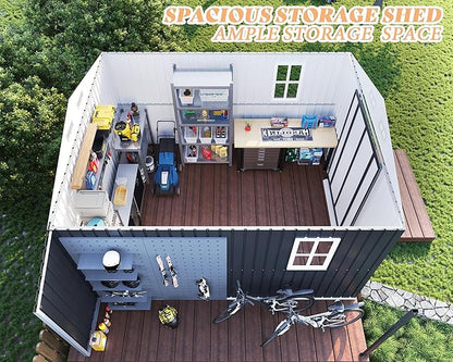 AMERLIFE 10.6x10.3x6.3 FT Galvanized Metal Storage Shed with Open Firewood Bay, Sliding Doors & Ramp, 2 Windows & Vents, Weather-Resistant Outdoor Tool/Garden Shed, Dark Gray