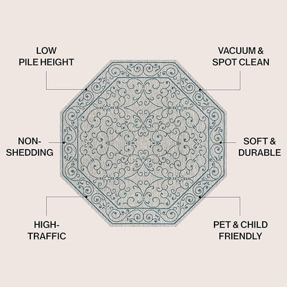 JONATHAN Y SMB106E-8TGN Charleston Vintage Filigree Textured Weave Gray/Teal 8' Octagon Indoor/Outdoor Area Rug, Non-Shedding, Stain Resistant,Fade Resistant, Easy-Cleaning for Backyard Patio, Porch