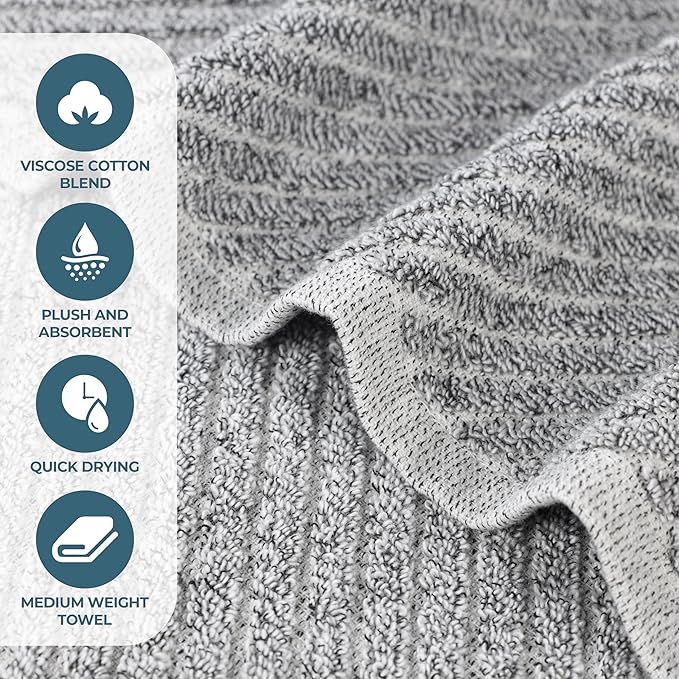 Superior Amelia Viscose Cotton Blend Medium Weight Small Towels, For Kitchen, Bathroom, Shower, Spa, Plush, Quick Dry, Ultra-Soft Essentials, Ribbed Design, Face Towels Washcloths, Set of 12, Charcoal