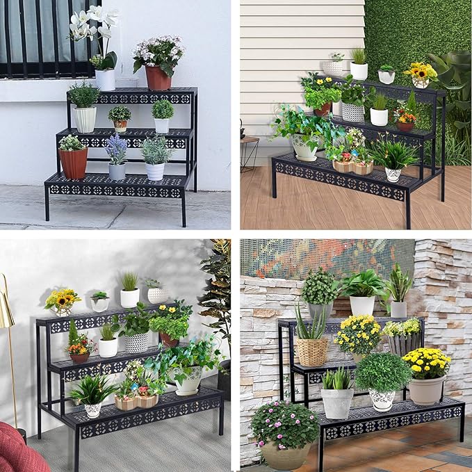 3 Tiers Metal Plant Stand,Rectangular Ladder Flower Pots Outdoor, Indoor Plant Display Rack, Heavy Duty Utility Storage Organizer for Home Garden Patio Balcony, Stair Style