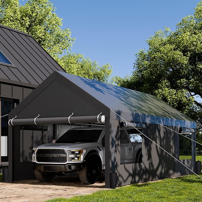 JAMFLY Carport, 10x20 ft Heavy Duty Carport with Roll-up Windows, Portable Garage with Removable Sidewalls & Doors, Car Canopy with Sandbags and All-Season Tarp for Car Boat Truck Motorcycle, Grey