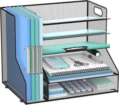 SUPEASY Desk Organizer with File Holder, 5-Tier Mesh Paper Letter Tray with Magazine Holder, Desktop Organizer and Storage for Desk Accessories Office Supplies, Black