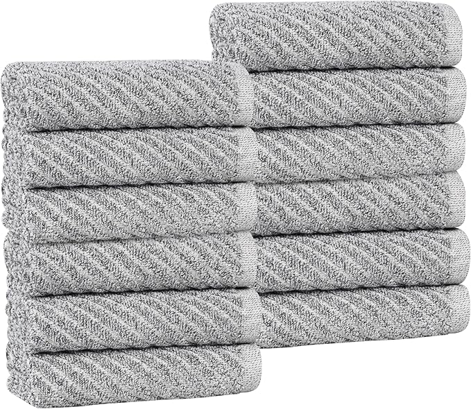 Superior Amelia Viscose Cotton Blend Medium Weight Small Towels, For Kitchen, Bathroom, Shower, Spa, Plush, Quick Dry, Ultra-Soft Essentials, Ribbed Design, Face Towels Washcloths, Set of 12, Charcoal
