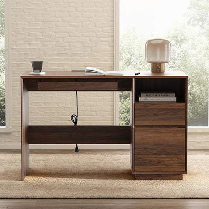 47" Office Desk, Home Office Desk with File Drawer & Open Storage & Power Outlet, Large Wooden Executive Desk for Study Writing, Brown