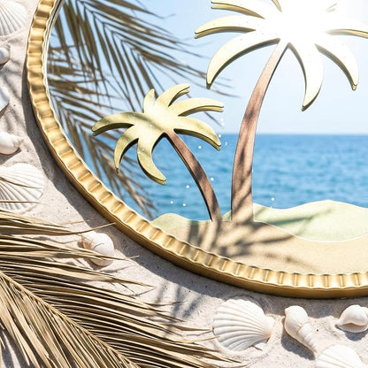 Round Gold Mirror - Modern Wall Mounted Mirror with Coconut Tree Design: 32"x32" Large Matt Gold Antique Wall Decor - Vintage Ornate for Entryway/Fireplace/Bathroom/Hallway