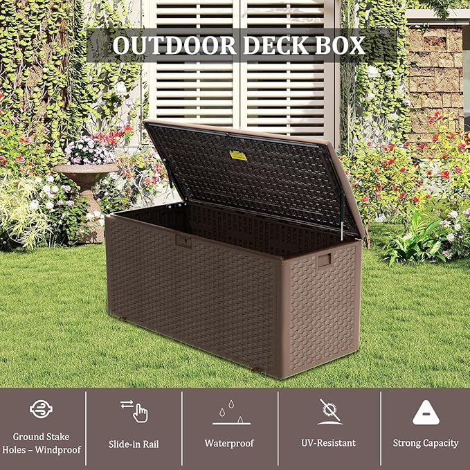 180 Pro Gallon Deck Box,Outdoor Storage Box Lockable,Waterproof for Patio Furniture, Garden Tools, Pool Accessories, Package Delivery Boxes For Outside, Brown