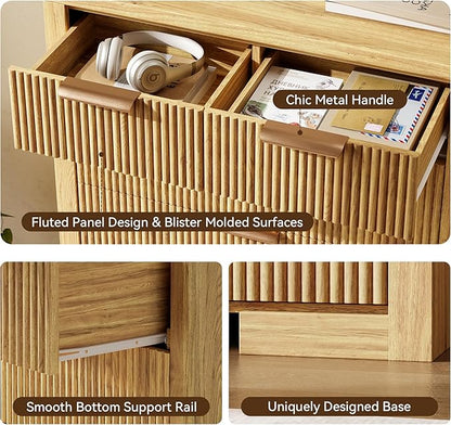 Fluted Dresser for Bedroom, 45" Tall Modern Chest of Drawers with 6 Drawers, Wood Closet Clothes Storage Organizer for Living Room, Wooden Dresser for Hallway, Natural Oak