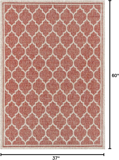 Eyely BMS109C-3 Santa Monica Trebol Moroccan Trellis Textured Weave Indoor/Outdoor Area Rug Coastal;Bohemian, Bedroom, Backyard, Patio, Easy-Cleaning, Non-Shedding, 3 X 5, Red/Beige