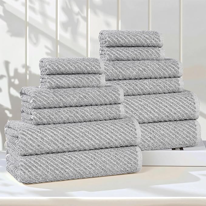 Superior Amelia Viscose Cotton Blend Medium Weight Towels, for Bathroom, Shower, Spa, Plush, Quick Dry, Ultra-Soft Towels, Bath Essentials, Ribbed Design, 12 Piece Assorted Towel Set, Charcoal