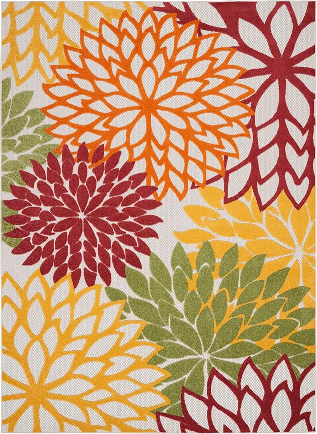 Nourison Home Aloha Indoor/Outdoor Red Multi Colored 9'6" x 13' Area Rug, Tropical, Botanical, Easy Cleaning, Non Shedding, Bed Room, Living Room, Dining Room, Deck, Backyard, Patio (9x13)