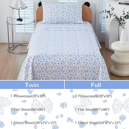 Viviland 3 Pieces Girls Blueberry Twin Sheet Set - Soft Microfiber Fitted Flat Sheets & Pillowcase - Blue Bow Blueberry Bedding Sets - for Kids & Toddlers