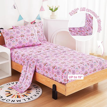 Viviland 3 Pieces Girls Pink Amusement Park Twin Sheet Set - Soft Microfiber Fitted Flat Sheets & Pillowcase - Kids Skyscraper Wheel Print Bedding Sets - for Kids & Toddlers