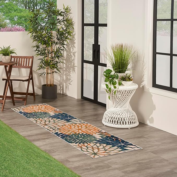 Nourison Home Aloha Indoor/Outdoor Blue Green 2' x 6' Area Rug, Easy Cleaning, Non Shedding, Bed Room, Living Room, Dining Room, Backyard, Deck, Patio (2x6)