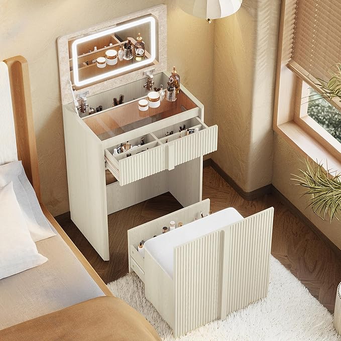 24" Vanity with Chair, Makeup Vanity Desk with Lights and Flip Top Mirror, Compact Vanity with 2 Drawers, Reinforced Legs, Whitewashed Oak