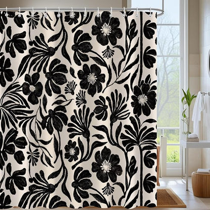Black Boho Vintage Floral Shower Curtain，Mid Century Modern Retro Cute Abstract Flower Leaves Aesthetic Bathroom Decoration，Polyester Fabric Waterproof Bath Curtain 72x72 Inch with 12 Hooks