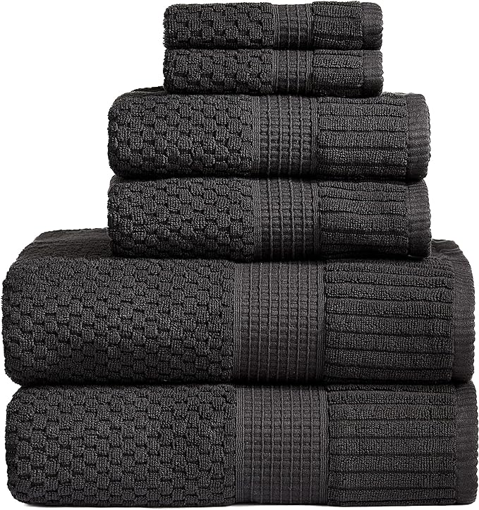 NY Loft 100% Cotton Towel Set 6 Piece | Super Soft & Absorbent Quick-Dry 2 Bath Towels 2 Hand Towels & 2 Washcloths | Textured and Durable Cotton | Premium Thick Towels | 6 Piece Set - Black