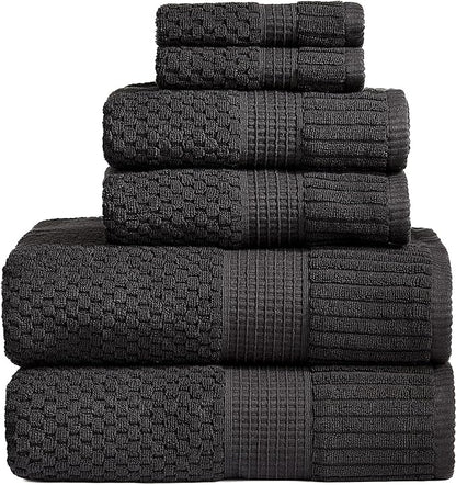 NY Loft 100% Cotton Towel Set 6 Piece | Super Soft & Absorbent Quick-Dry 2 Bath Towels 2 Hand Towels & 2 Washcloths | Textured and Durable Cotton | Premium Thick Towels | 6 Piece Set - Black