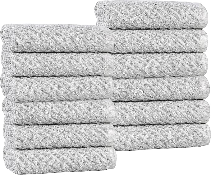Superior Amelia Viscose Cotton Blend Medium Weight Small Towels, For Kitchen, Bathroom, Shower, Spa, Plush, Quick Dry, Ultra-Soft Essentials, Ribbed Design, Face Towels Washcloths, Set of 12, Platinum