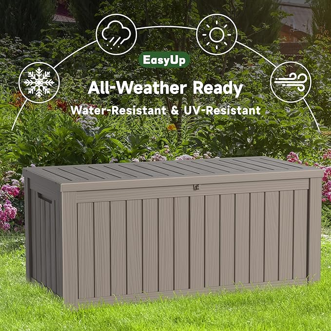 120 Gallon Outdoor Storage Box, Resin Waterproof UV-Resistant Deck Box with Hydraulic Lid Support, Reinforced Stability for Patio, Garden, and Poolside, Striped Gray