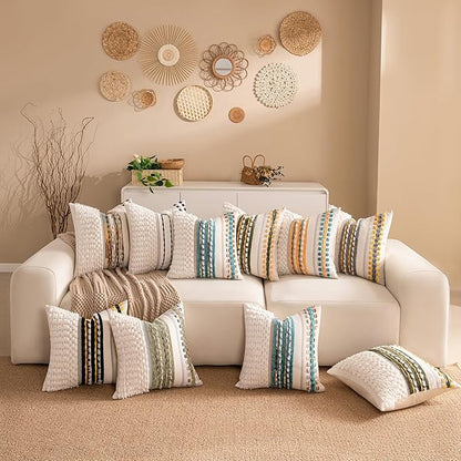 KOOLIFE Boho Chenille Tufted Couch Throw Pillow Covers 18x18 Inch Set of 2 Farmhouse Striped Decorative Pillow Covers Accent Neutral Pillowcase Grey Yellow Cushion Cover for Living Room Sofa Bed