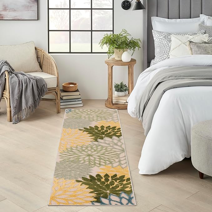 Nourison Home Aloha Indoor/Outdoor Green Multicolor 2' x 6' Area Rug, Easy Cleaning, Non-Shedding, Bed Room, Living Room, Dining Room, Backyard, Patio, Deck (2x6)