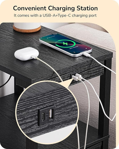 EDISHINE Floor Lamp with Table, USB-A+Type-C Port, Dimmable Bedside Floor Lamp with Shelves, Farmhouse Remote Nightstand Light for Living Room, Bedroom, Den, Office, Bulb Included, Black