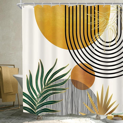 KOMLLEX Mid Century Boho Shower Curtain for Bathroom Decor Abstract Modern Sun Minimalist Aesthetic Arch Curve Leaves Geometric Yellow Gold Neutral Fabric Waterproof Polyester 12 Hook 72Wx72H