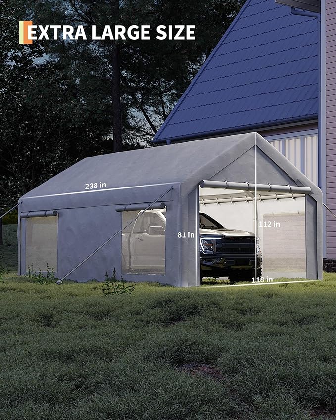 10x20 Ft Carport, Car Port with 200g PE Tarp, Roll-Up Doors, and 4 Windows, for Sedans, Bass Boats, Motos, ATVs, and SUVs, White